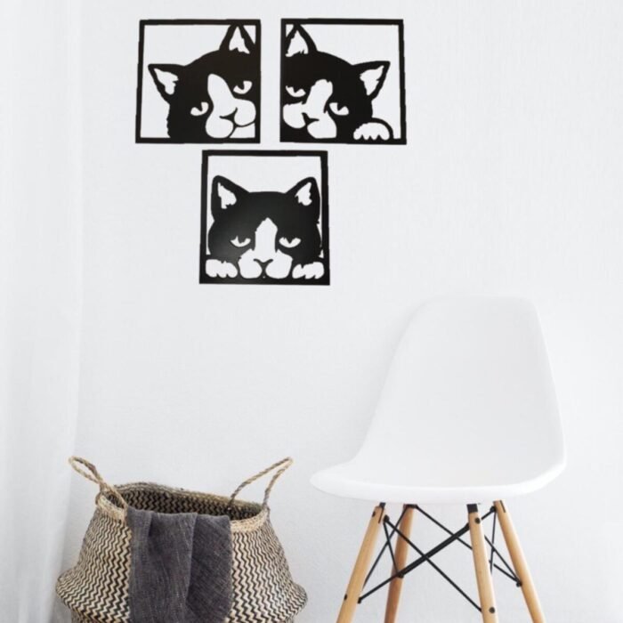 Kedi Set (3 Parça) - Siyah Dekoratif Mdf Tablo -60x20