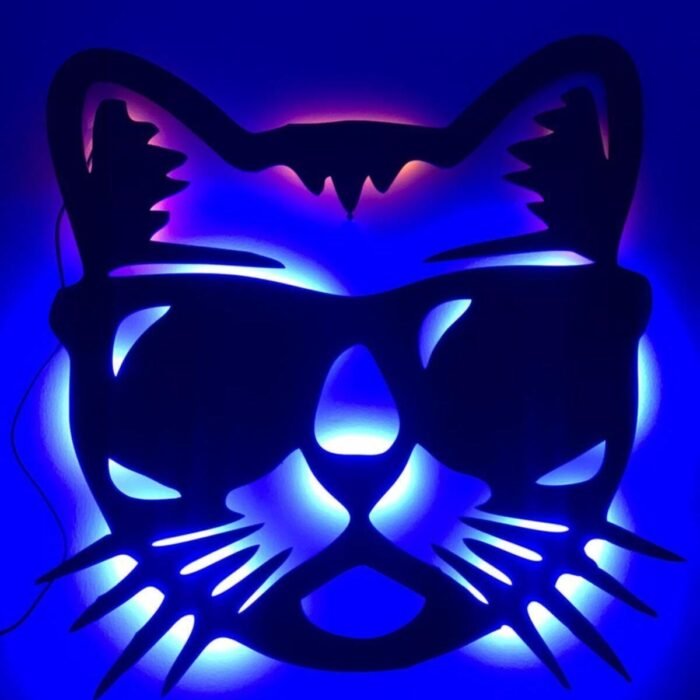 Cool Kedi - Ledli - Siyah Ahşap Tablo - 55x53