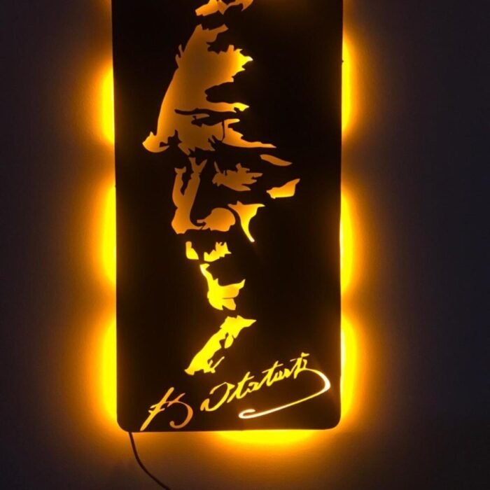 Atatürk - Ledli - Siyah Ahşap Tablo - 54x27