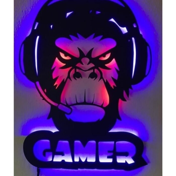 Ledli Gamer Maymun Ahşap Duvar Tablosu - Gamer Dekor - Yayıncı Dekoru