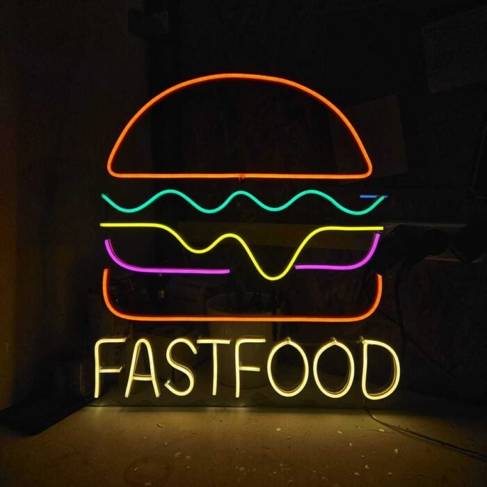 Hamburger Fastfood Neon Led Işıklı Duvar Dekorasyon 50*40 Cm