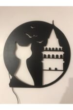 Galata & Kedi - Ledli - Siyah Ahşap Tablo - 51x51 - Görsel 3